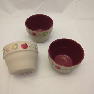 Vintage Apple Print Ramekins Set of 3 w Glossy Red Interior Ceramic/Stoneware